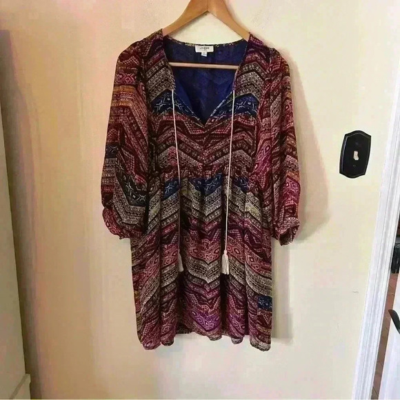 Umgee Boho Babydoll Peasant Tassel V-neck Dress Size M - Picture 2 of 7